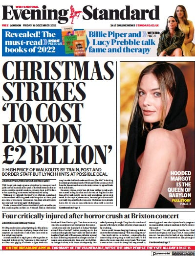 London Evening Standard Newspaper Front Page for 17 December 2022