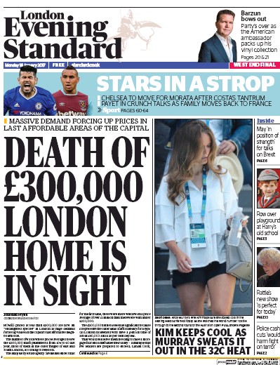 London Evening Standard Newspaper Front Page for 17 January 2017