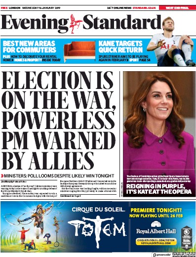 London Evening Standard (UK) Newspaper Front Page for 17 January 2019