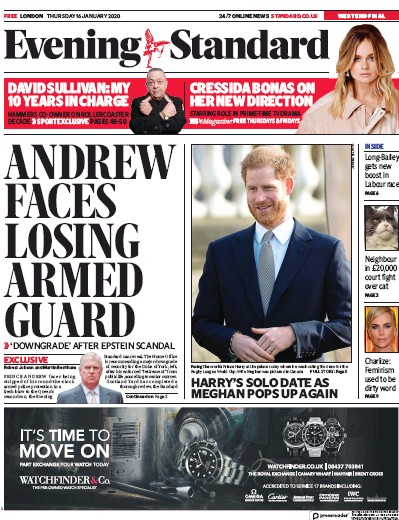 London Evening Standard Newspaper Front Page for 17 January 2020