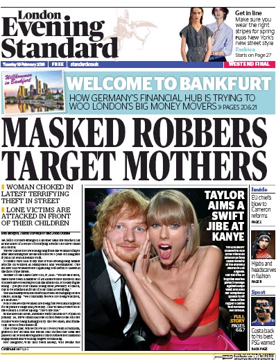 London Evening Standard Newspaper Front Page for 17 February 2016