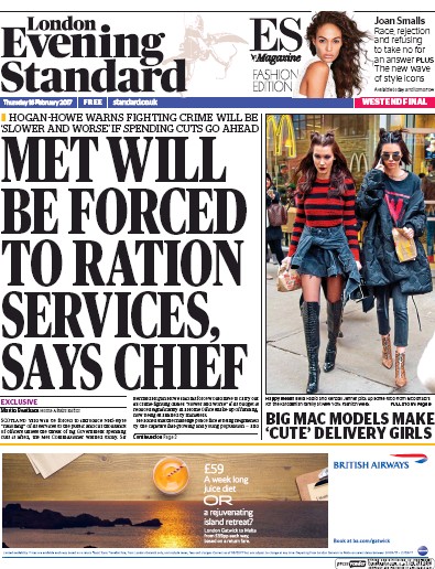 London Evening Standard Newspaper Front Page for 17 February 2017