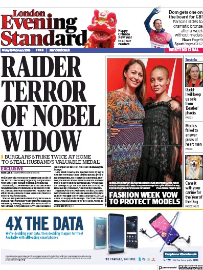 London Evening Standard (UK) Newspaper Front Page for 17 February 2018