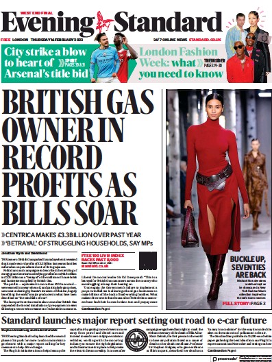London Evening Standard (UK) Newspaper Front Page for 17 February 2023