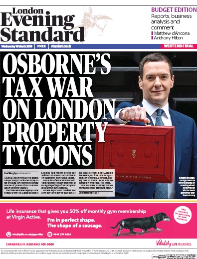 London Evening Standard (UK) Newspaper Front Page for 17 March 2016