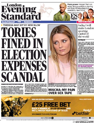 London Evening Standard (UK) Newspaper Front Page for 17 March 2017
