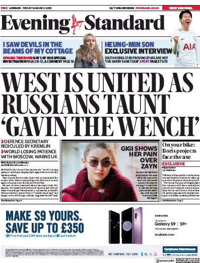 London Evening Standard Newspaper Front Page for 17 March 2018