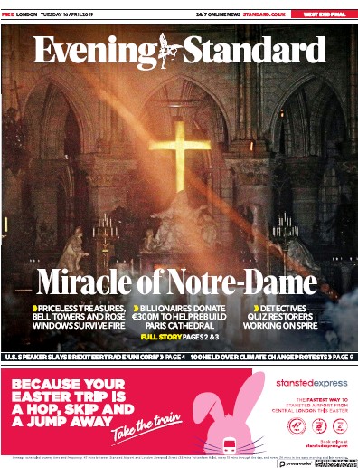 London Evening Standard Newspaper Front Page for 17 April 2019