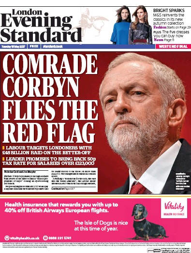 London Evening Standard Newspaper Front Page for 17 May 2017
