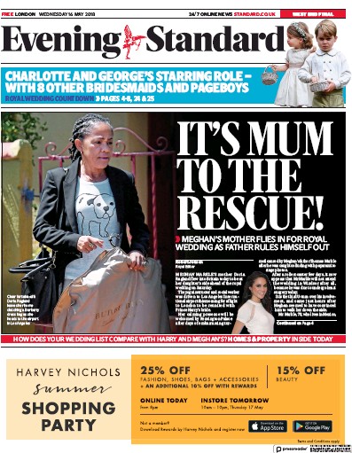 London Evening Standard Newspaper Front Page for 17 May 2018