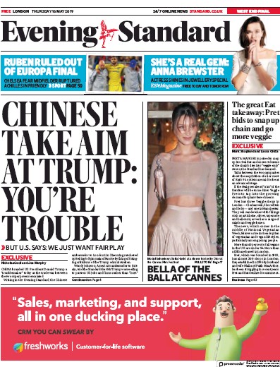 London Evening Standard Newspaper Front Page for 17 May 2019