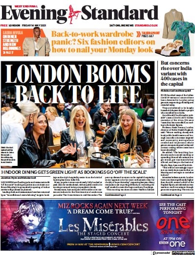 London Evening Standard Newspaper Front Page for 17 May 2021