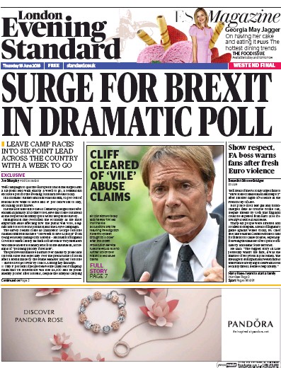 London Evening Standard Newspaper Front Page for 17 June 2016