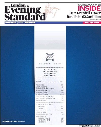 London Evening Standard Newspaper Front Page for 17 June 2017