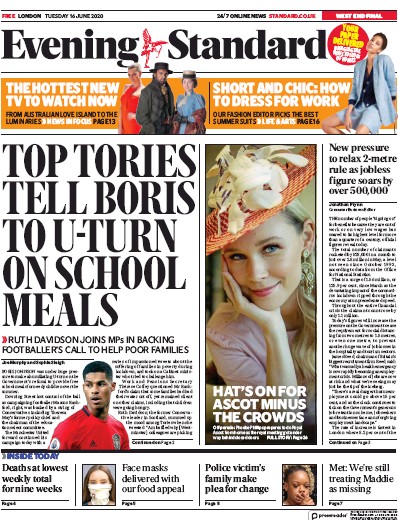London Evening Standard Newspaper Front Page for 17 June 2020