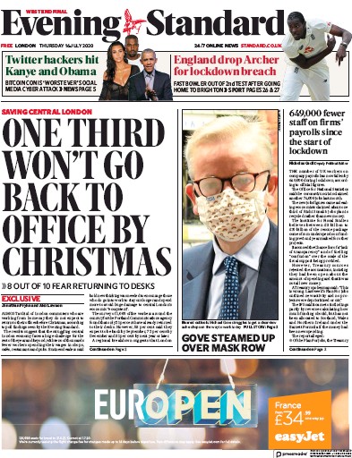 London Evening Standard Newspaper Front Page for 17 July 2020