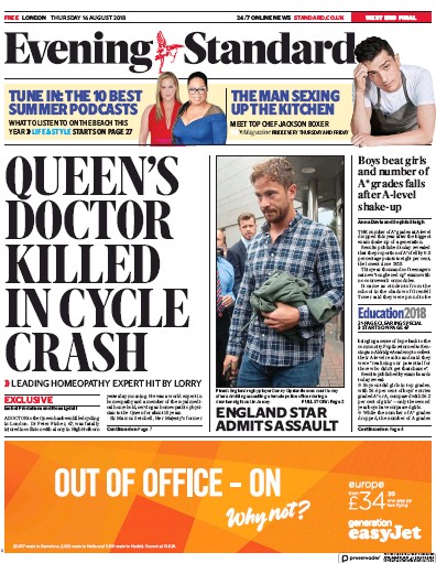 London Evening Standard Newspaper Front Page for 17 August 2018