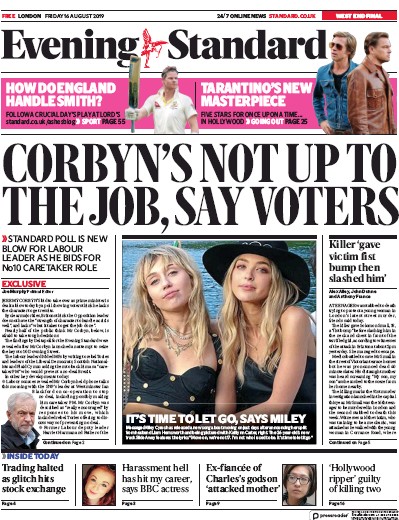London Evening Standard Newspaper Front Page for 17 August 2019