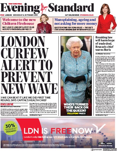 London Evening Standard (UK) Newspaper Front Page for 17 September 2020