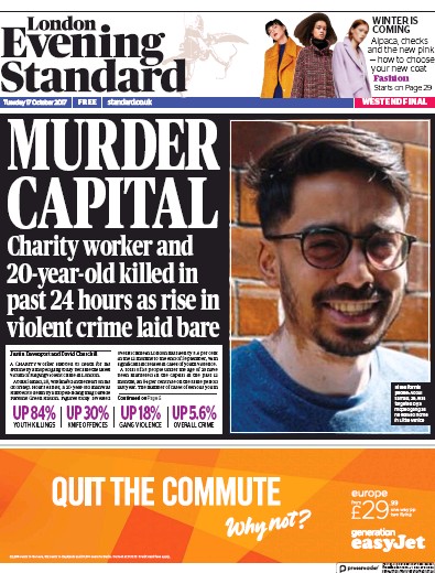 London Evening Standard Newspaper Front Page for 18 October 2017