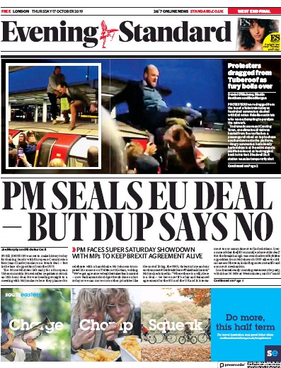 London Evening Standard Newspaper Front Page for 18 October 2019