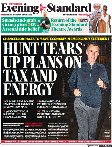 London Evening Standard Newspaper Front Page for 18 October 2022