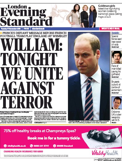 London Evening Standard Newspaper Front Page for 18 November 2015