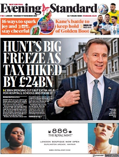 London Evening Standard (UK) Newspaper Front Page for 18 November 2022