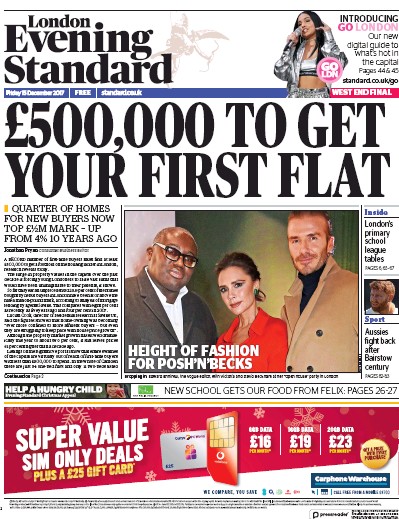 London Evening Standard Newspaper Front Page for 18 December 2017