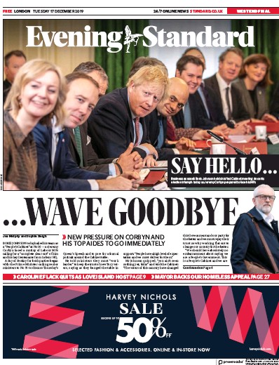 London Evening Standard Newspaper Front Page for 18 December 2019