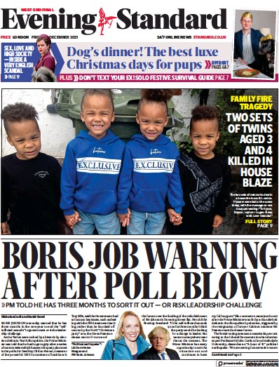 London Evening Standard (UK) Newspaper Front Page for 18 December 2021
