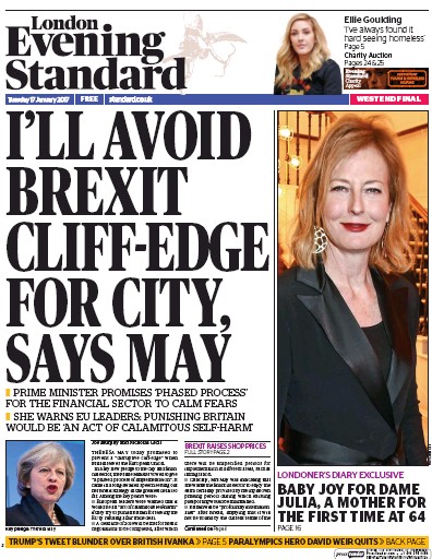 London Evening Standard Newspaper Front Page for 18 January 2017