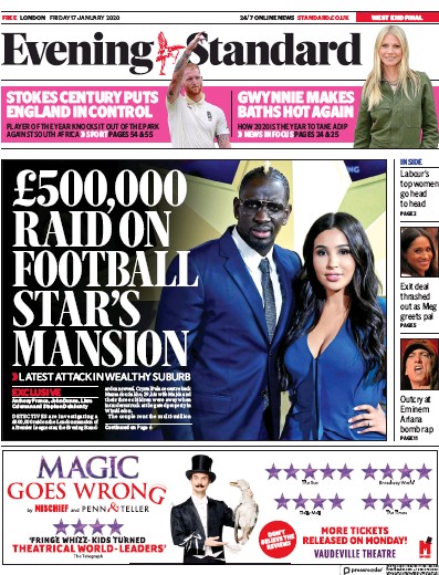 London Evening Standard Newspaper Front Page for 18 January 2020