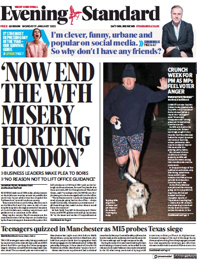 London Evening Standard (UK) Newspaper Front Page for 18 January 2022