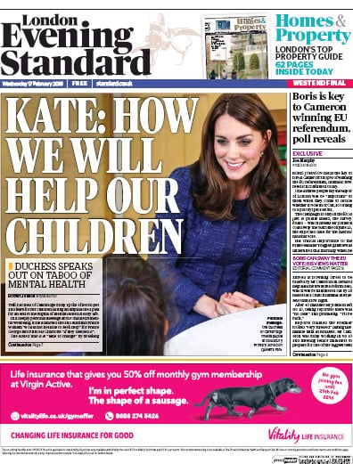 London Evening Standard Newspaper Front Page for 18 February 2016