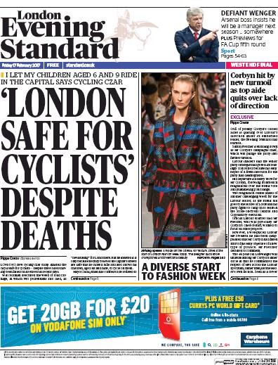 London Evening Standard (UK) Newspaper Front Page for 18 February 2017