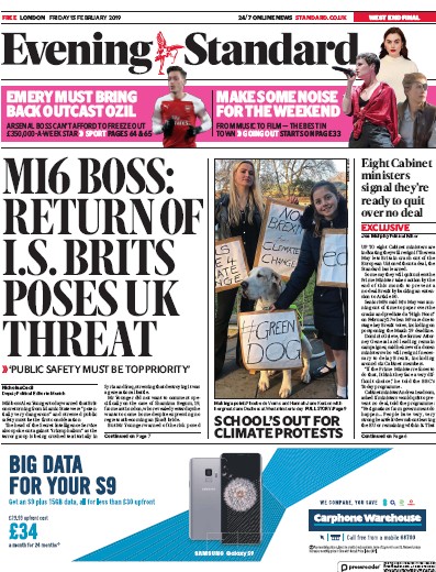 London Evening Standard Newspaper Front Page for 18 February 2019