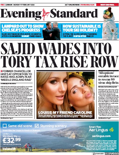 London Evening Standard Newspaper Front Page for 18 February 2020