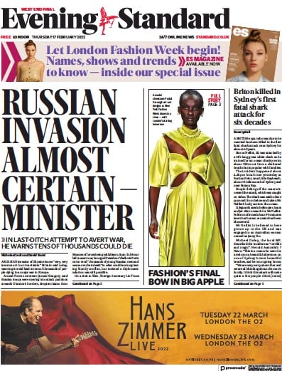 London Evening Standard Newspaper Front Page for 18 February 2022