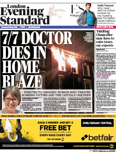 London Evening Standard (UK) Newspaper Front Page for 18 March 2016