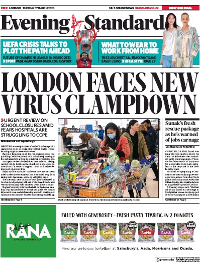 London Evening Standard (UK) Newspaper Front Page for 18 March 2020