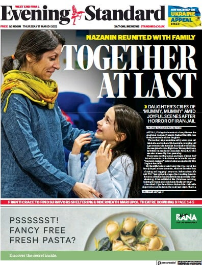 London Evening Standard Newspaper Front Page for 18 March 2022