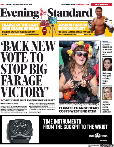 London Evening Standard Newspaper Front Page for 18 April 2019