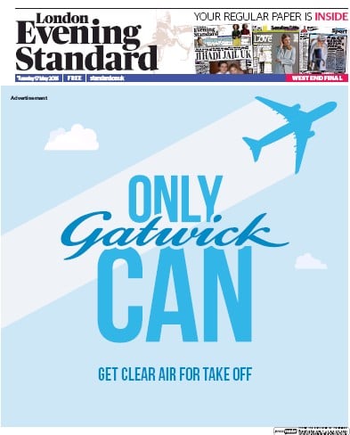London Evening Standard Newspaper Front Page for 18 May 2016