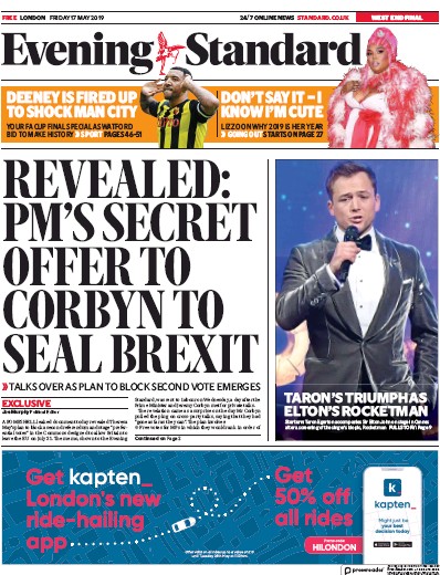 London Evening Standard Newspaper Front Page for 18 May 2019