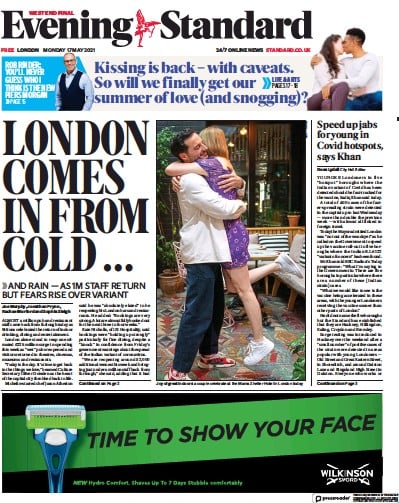London Evening Standard (UK) Newspaper Front Page for 18 May 2021