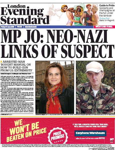 London Evening Standard Newspaper Front Page for 18 June 2016