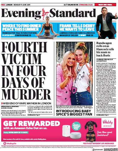 London Evening Standard Newspaper Front Page for 18 June 2019