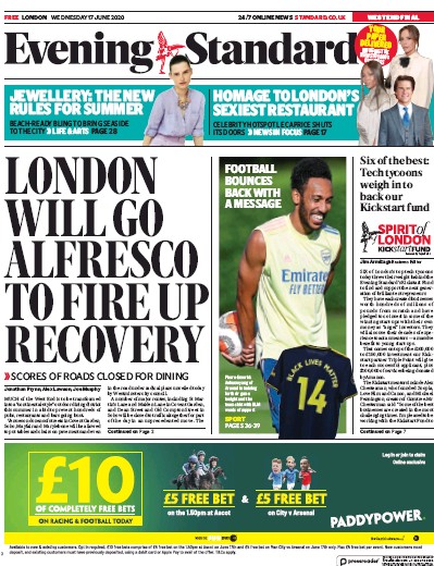 London Evening Standard Newspaper Front Page for 18 June 2020