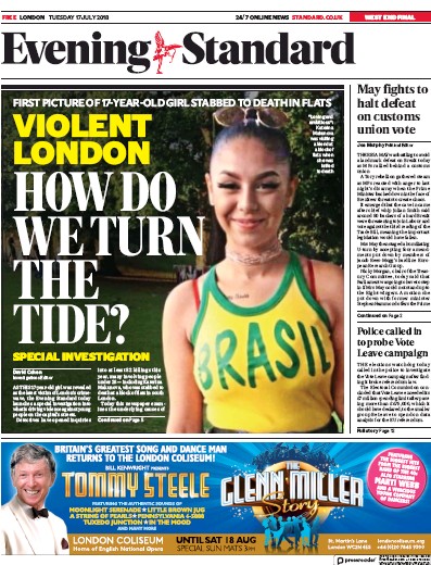 London Evening Standard (UK) Newspaper Front Page for 18 July 2018
